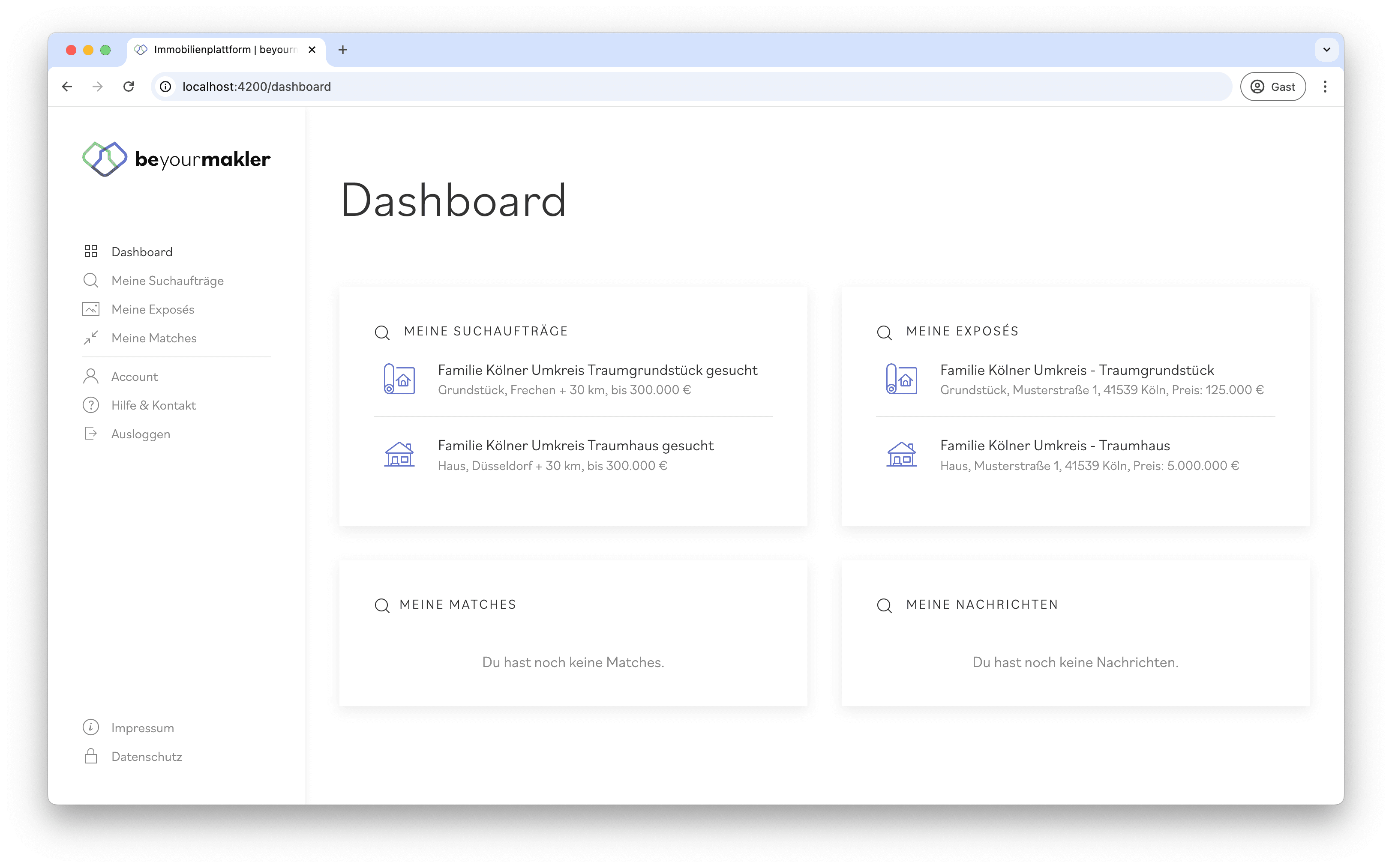 Dashboard-Seite auf der Immobilienplattform "Be your Makler"