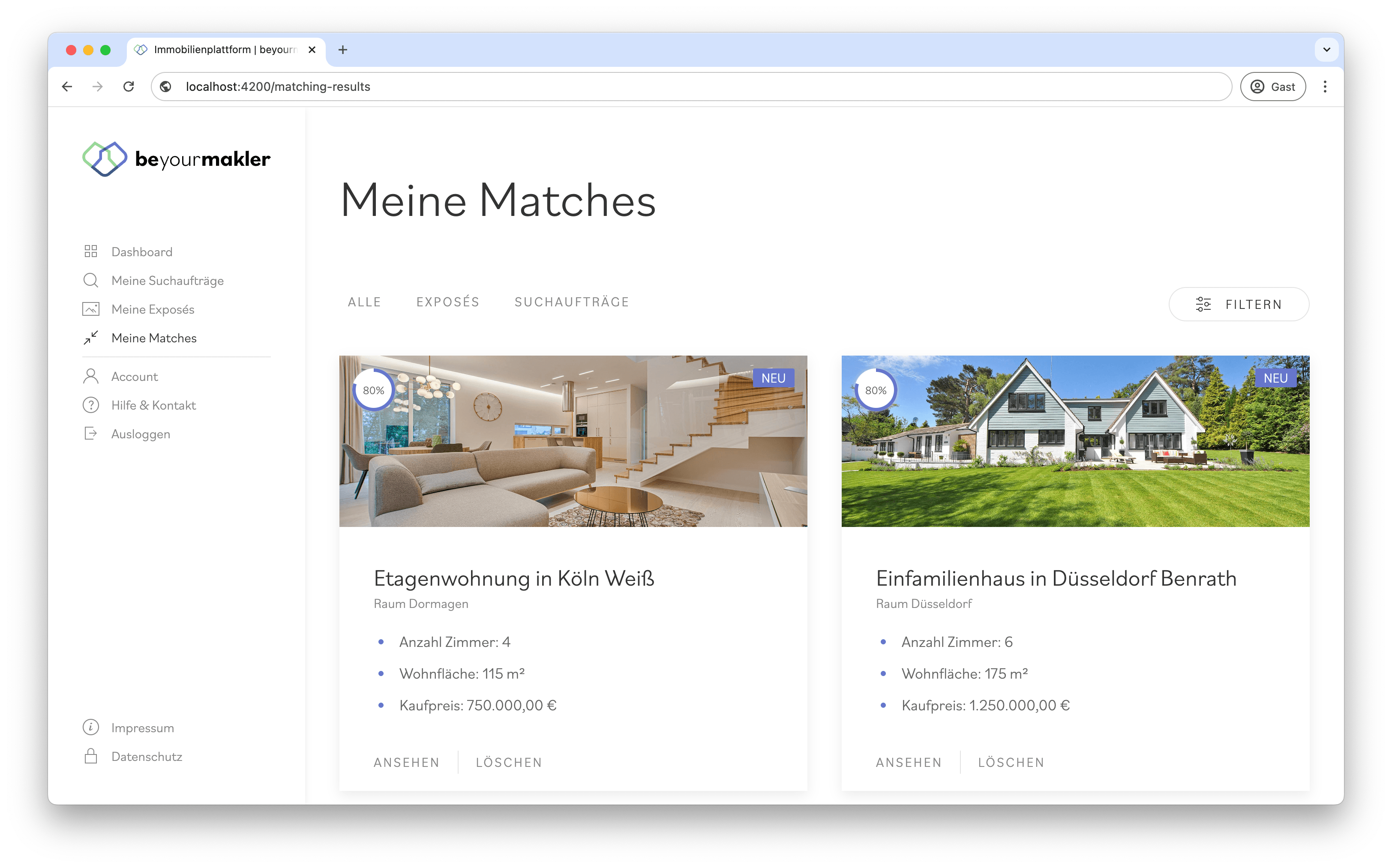 Screenshot der Treffer-Seite auf der Immobilienplattform "BeYourMakler".